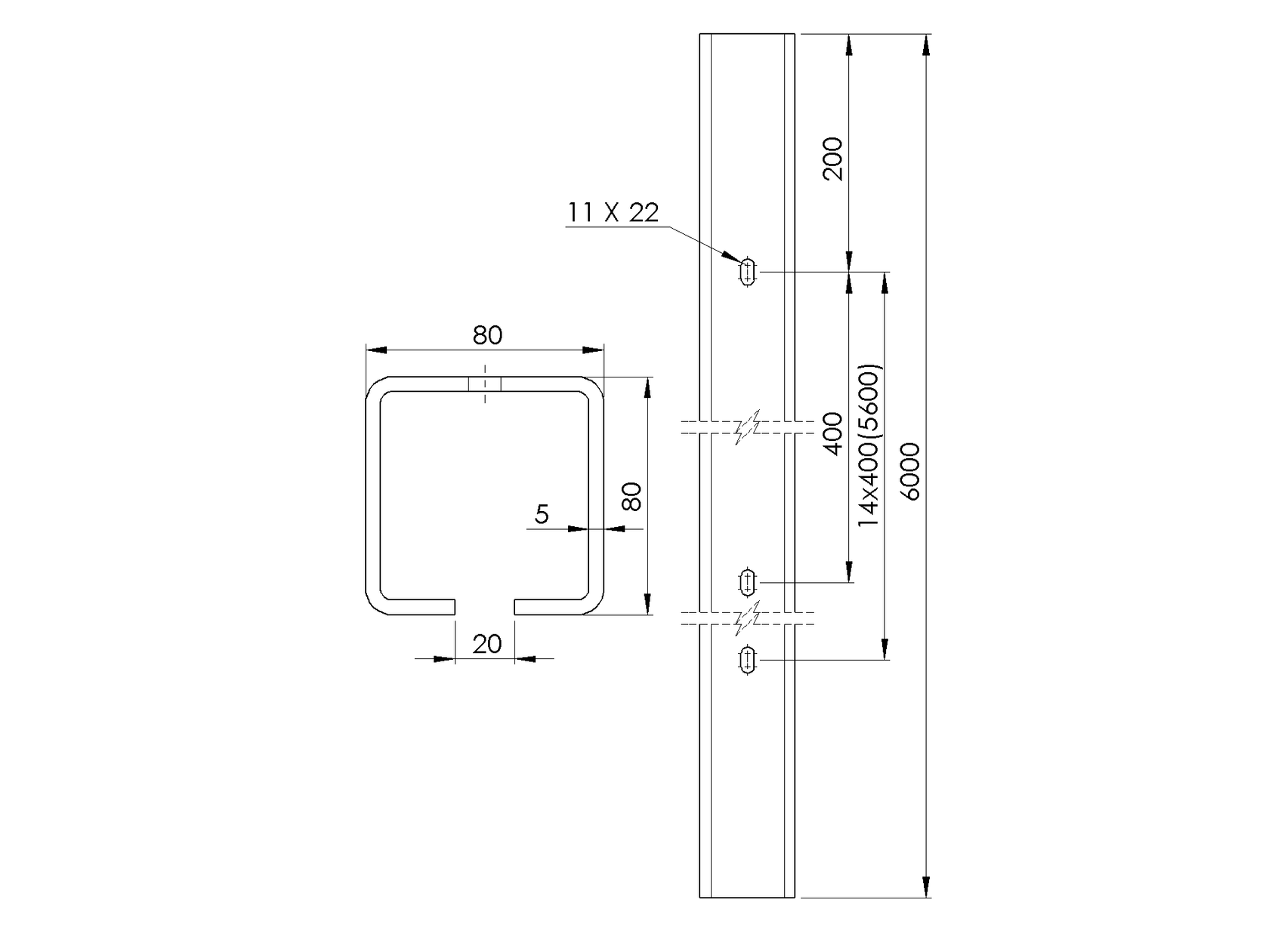 Guide profile with holes Zn, 80x80x5mm, L6m