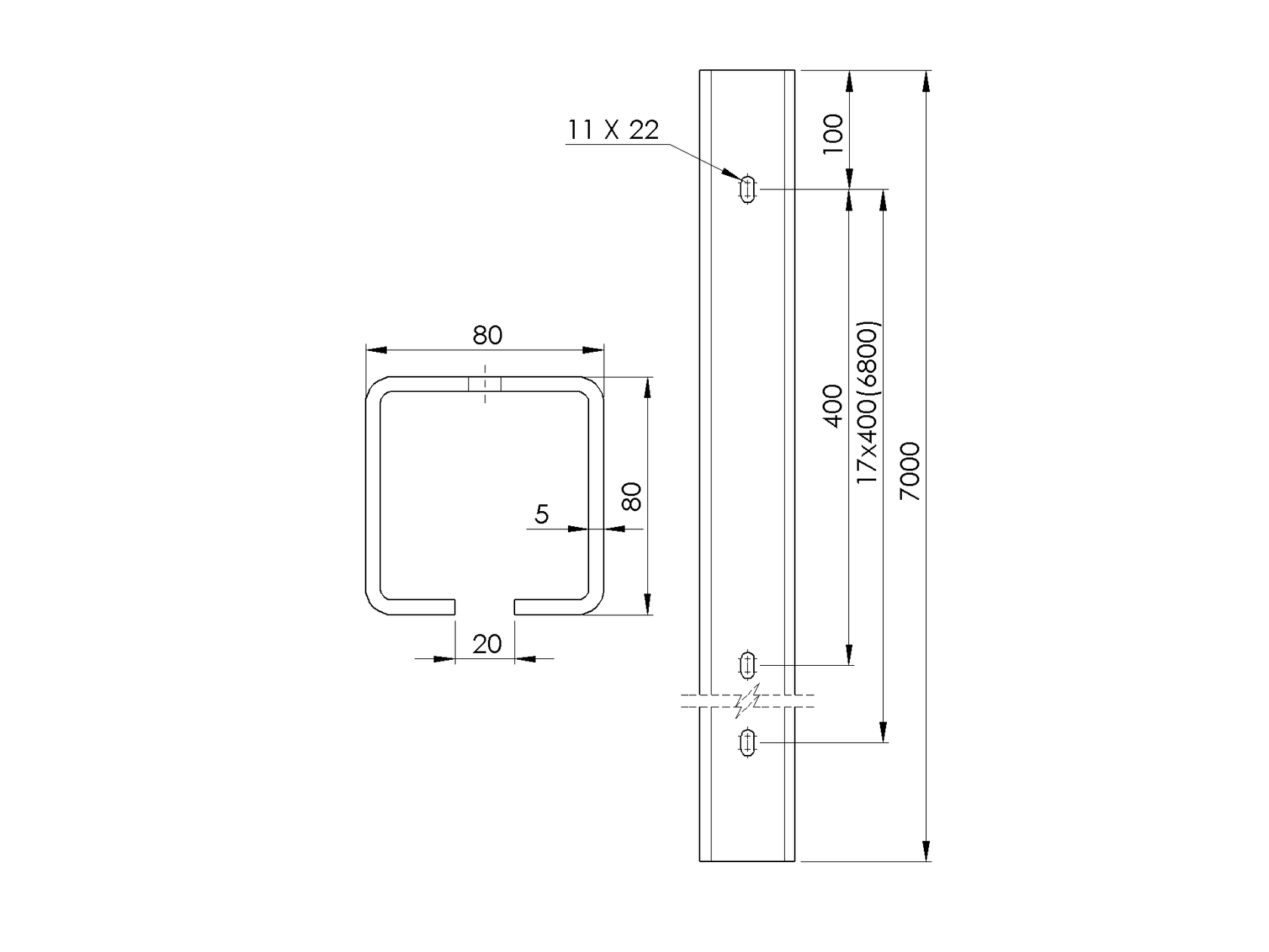 Profil vodiaci s otvormi Zn, 80x80x5mm, L7m