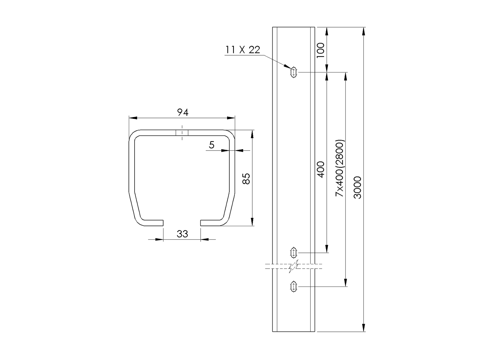 Guide profile with holes Zn, 94x85x5mm, L3m