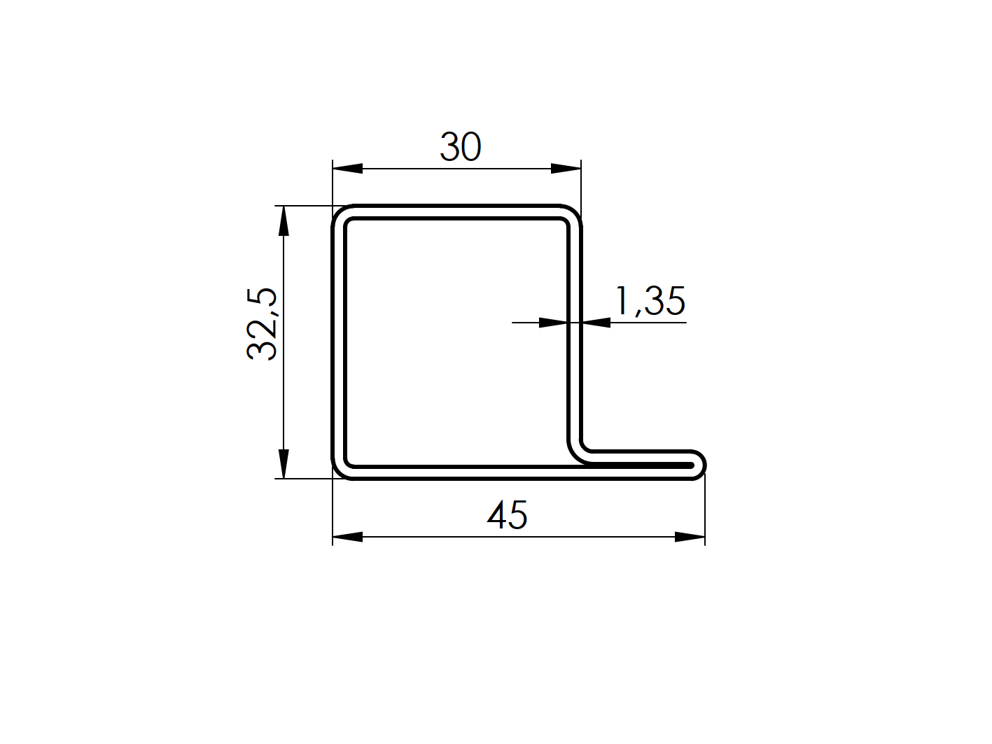 Closed profile L-45x30x30x1,35, L6000mm