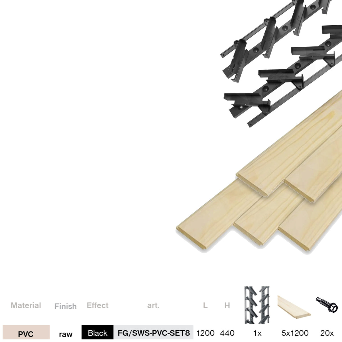 Set Black Plastic Horizontal Tilting System 0.44 m with 1.2 m Pine Wood Infill 19x95