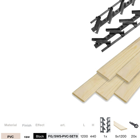 Set čierny plastový horizontálny naklápací systém 0,44 m s 1,2 m drevenou borovicovou výplňou 19x95