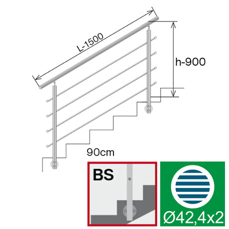 Railing AISI304, BR STAIRS AISI304, D42,4/4xd12/H9