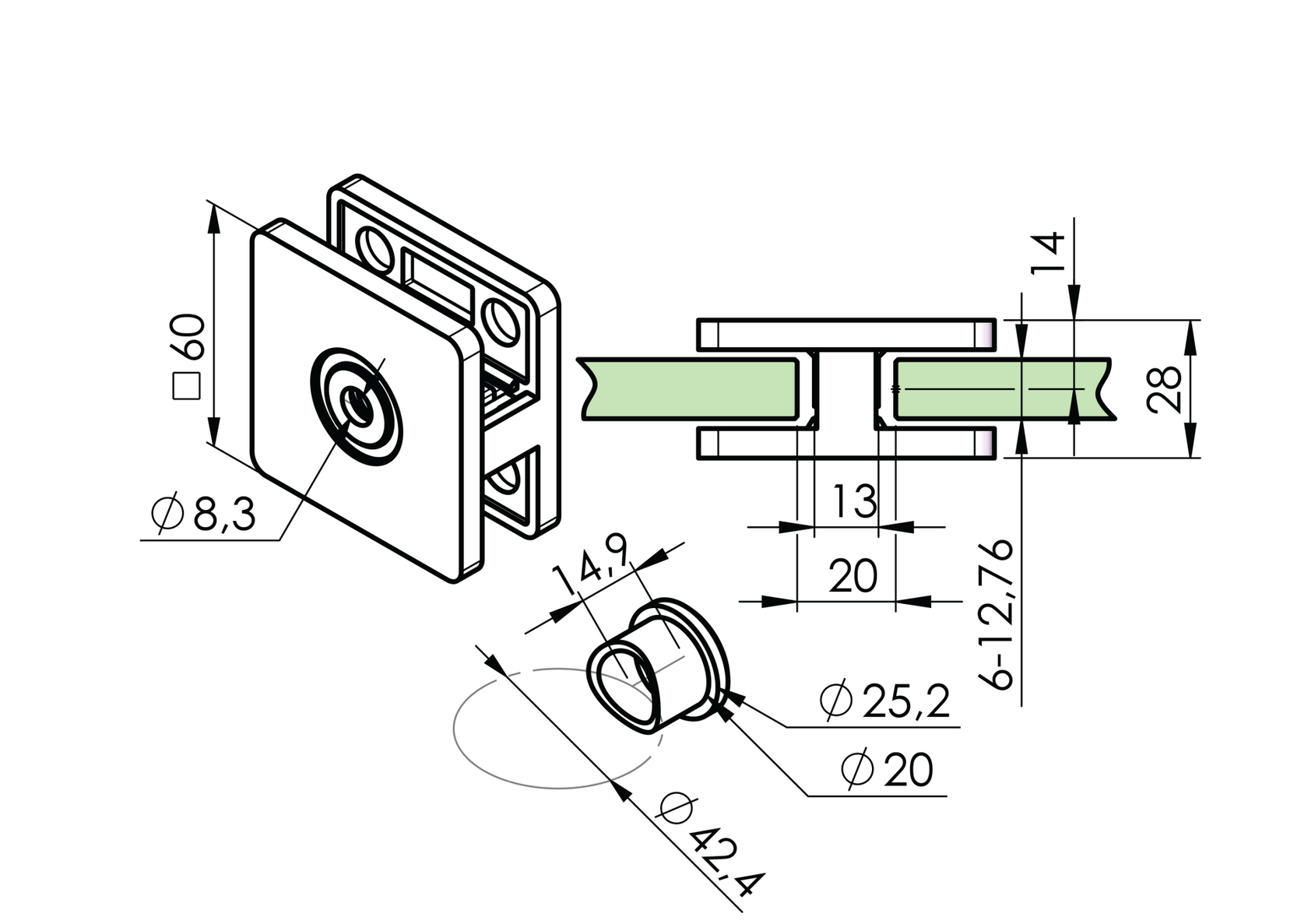 Glass clamp Model 21X - double sided AISI316, 180°