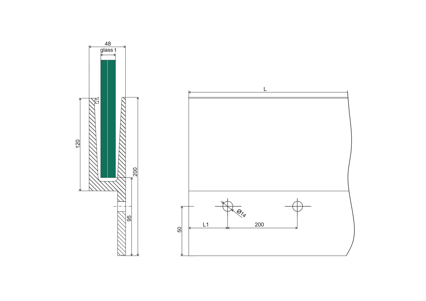 Aluminium profile for glass railing -side mounting