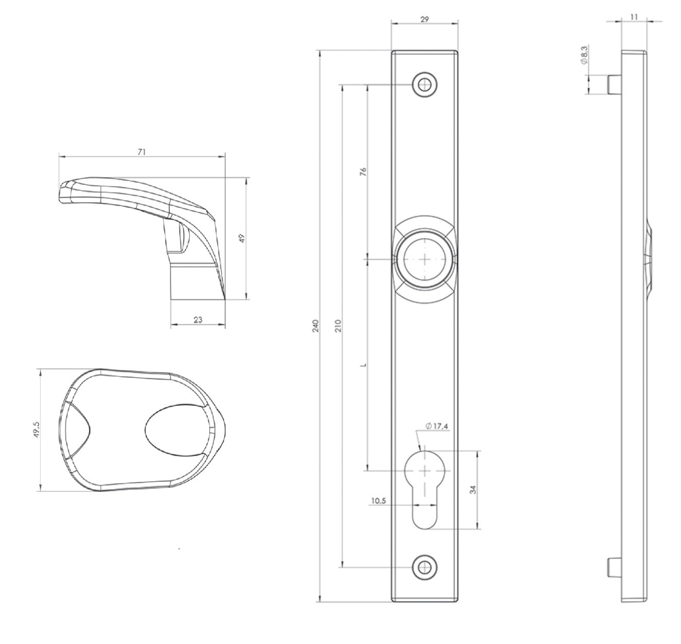 Door handle set - ball+ball with plate, AL profi