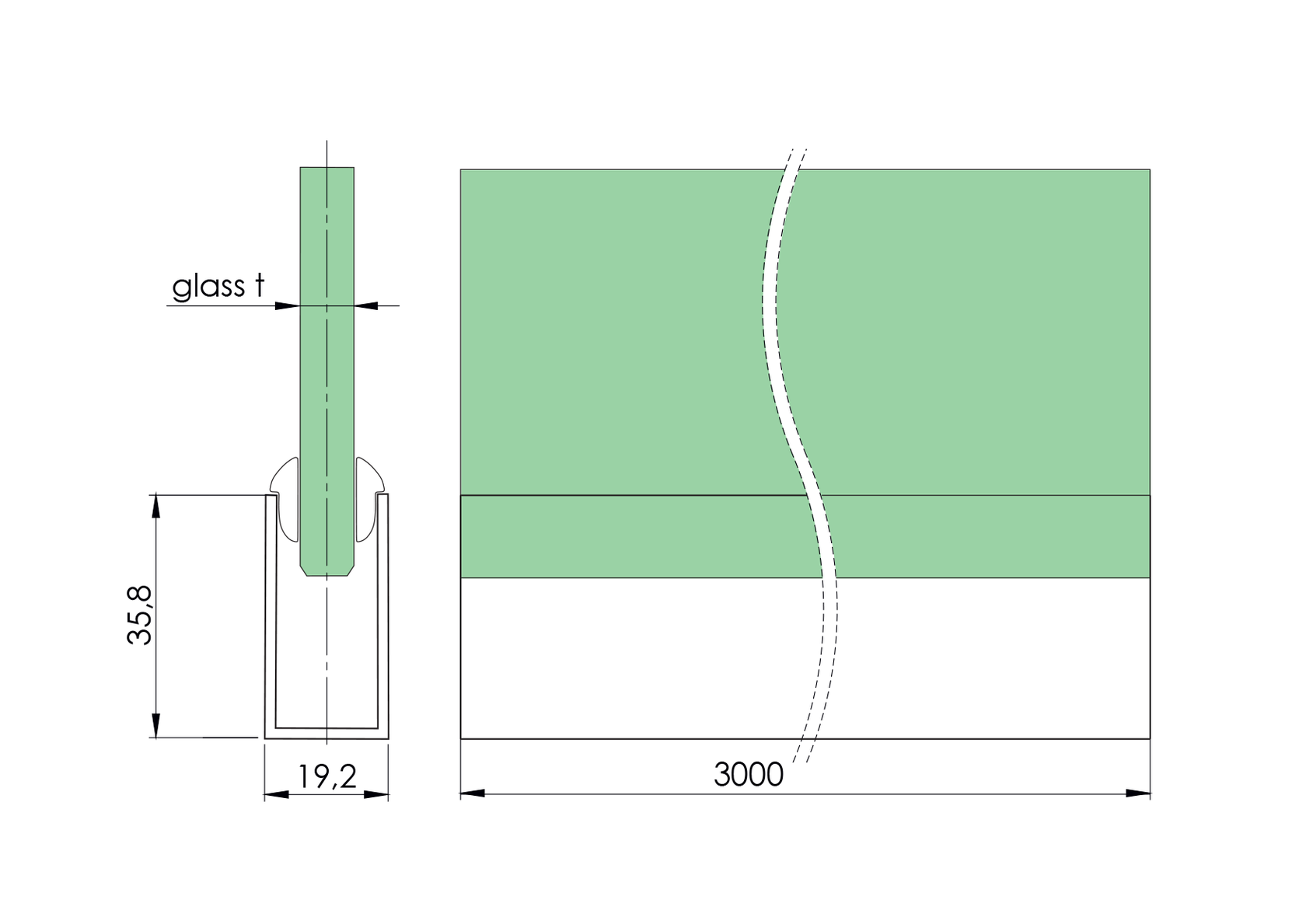 Aluminium U profile AL 36x19x1,5mm