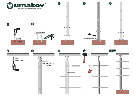 Railing JP, VR AISI304, 40x40x2/4xd12/H900/L3000mm