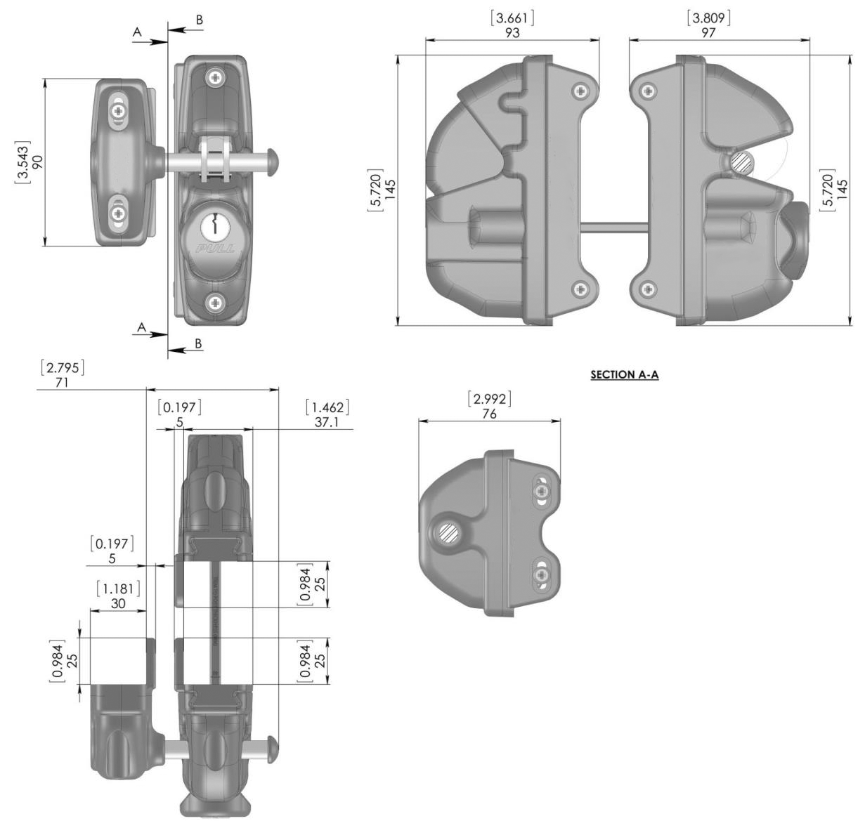 Hooked latch with lock, double sided