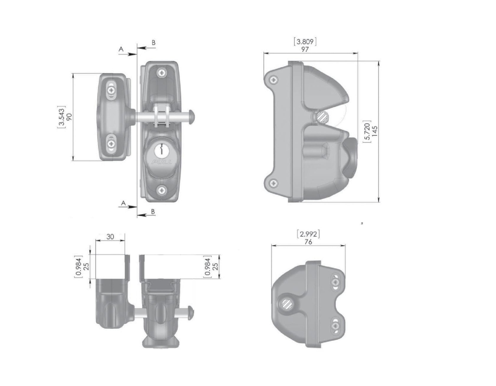 Hooked latch with lock, single sided