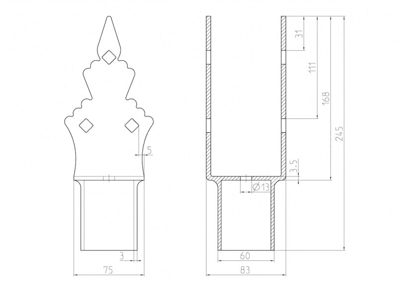 Nadstavec na zem.skrut. zdobený Zn U75x75x165x60mm