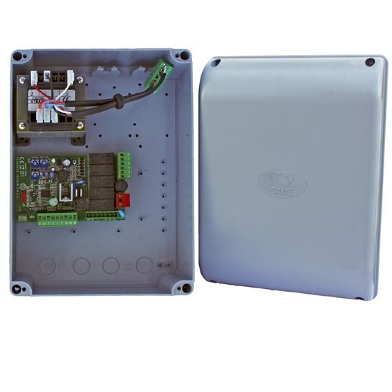 Electronics cabinet for double-leaf gate